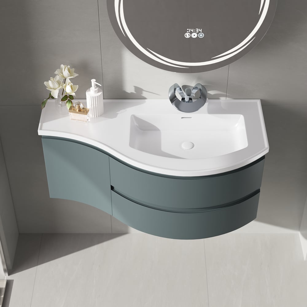 Floating Curved Bathroom Vanity & Round LED Medicine Cabinet Set Right Offset window image