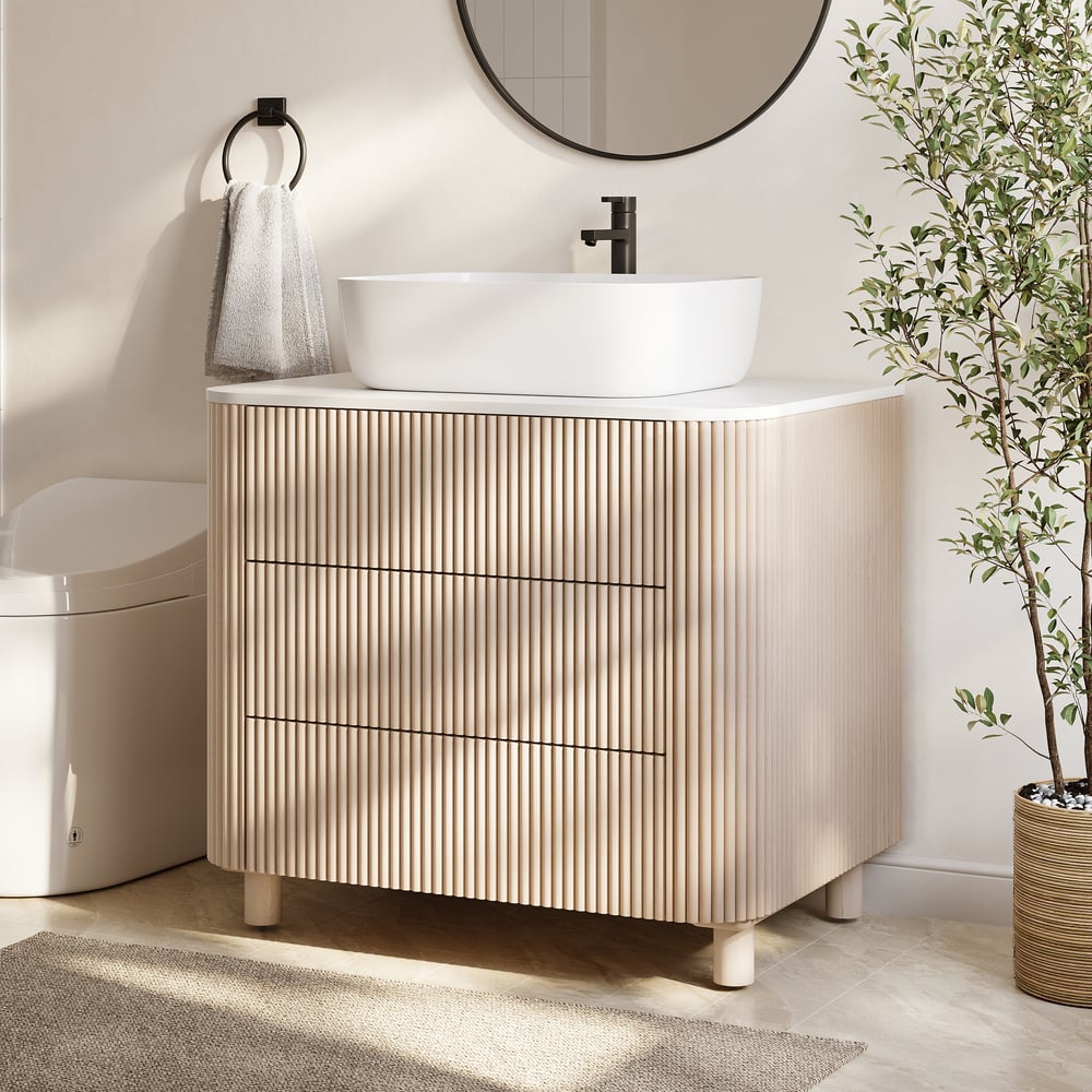 80cm Fluted Freestanding Bathroom Vanity with Vessel Sink, 3-Drawers, Sintered Stone top window image