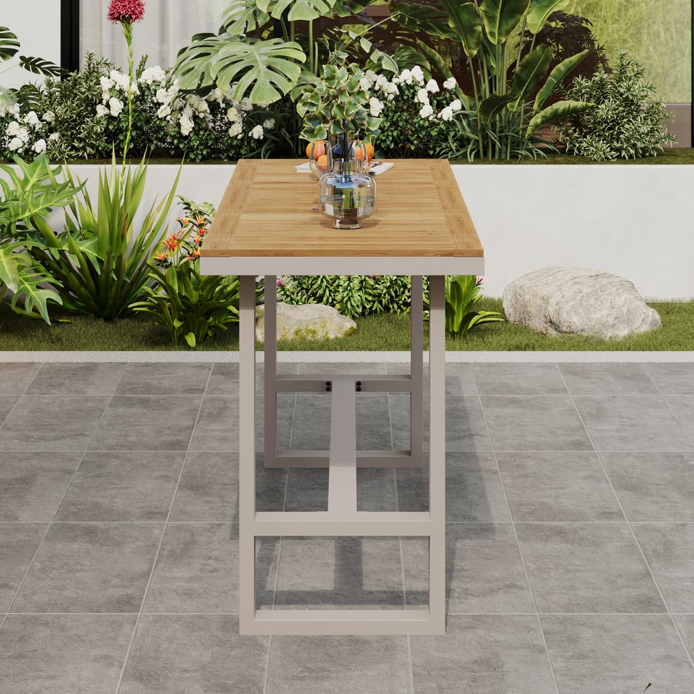Tevara Outdoor Teak Wood Slat Top & Sand Aluminum Frame Bar Table for Patio window image