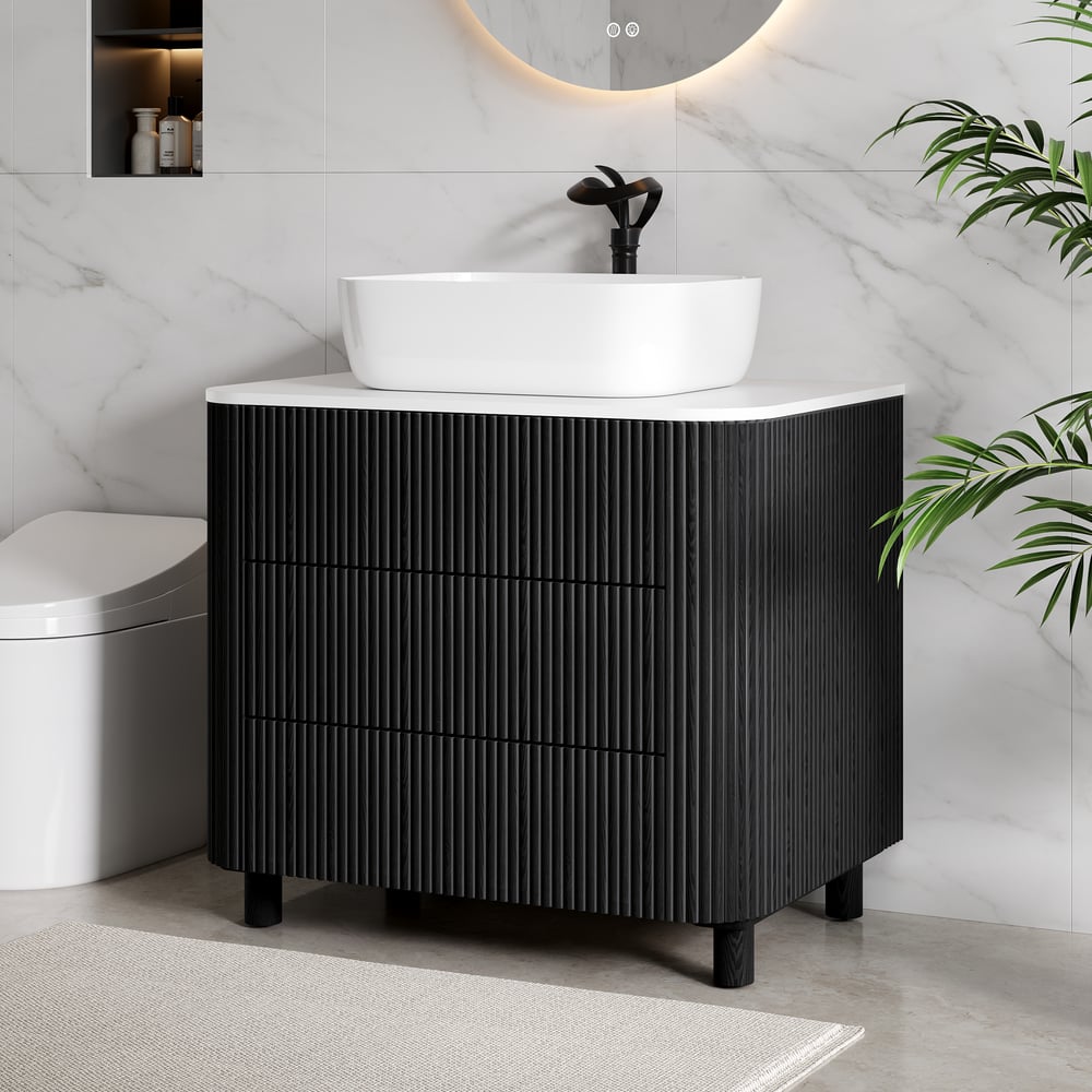 80cm Fluted Freestanding Bathroom Vanity with Vessel Sink, 3-Drawers, Sintered Stone top window image