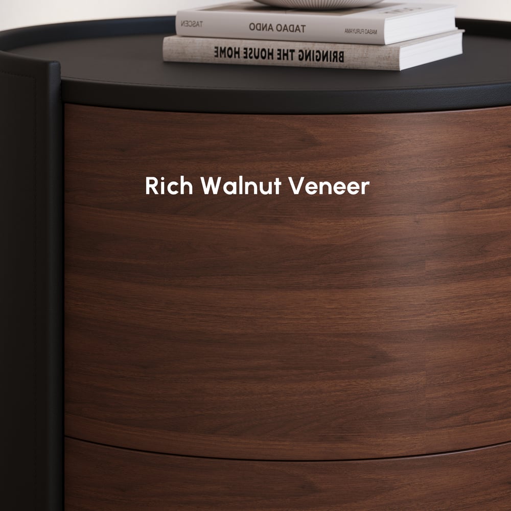 Modern Black Saddle Leather 2-Drawer Nightstand with Charging Station & Light window image