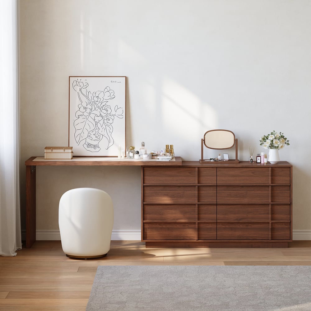 Panvyr Wooden Extendable L-Shaped Makeup Vanity Dresser with Vanity Mirror (49"–94") window image