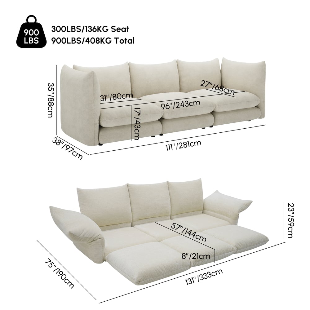281cm 3-Piece Chenille Sectional Sofa with Adjustable Armrests & Backrest weights dimensions image