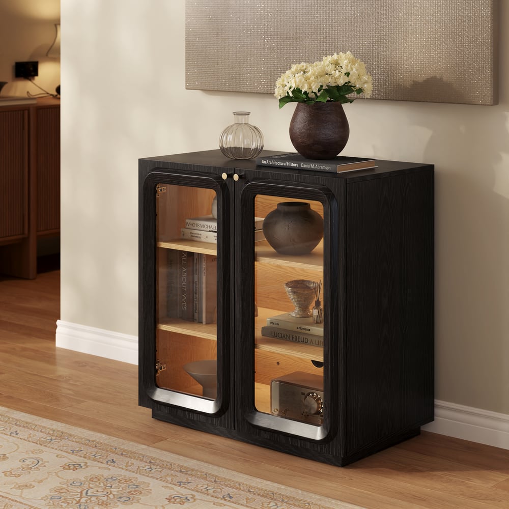 31" Ash Wood Veneer TV Stand with Glass Doors, Chest Cabinet and LED window image