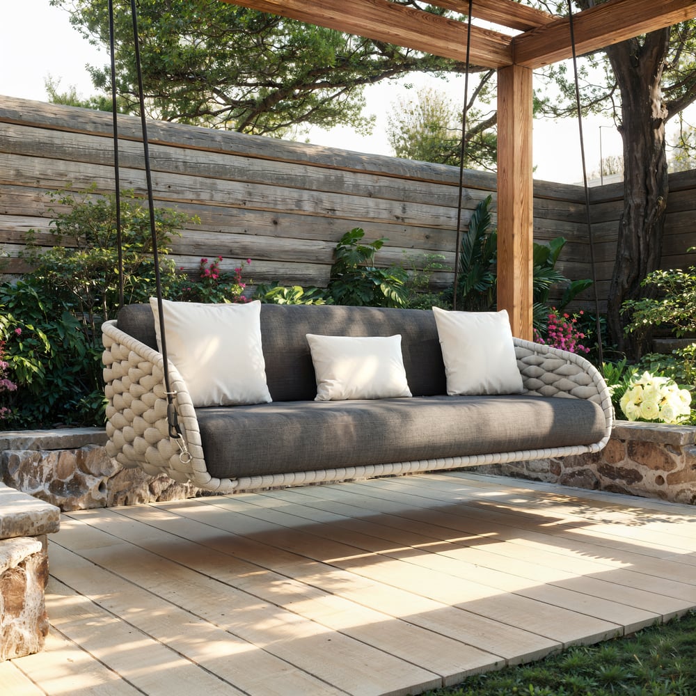 Cadeira Suspensa Tatta Outdoor em Alumínio com Trama de Corda e Almofada em Cinza Imagem da janela