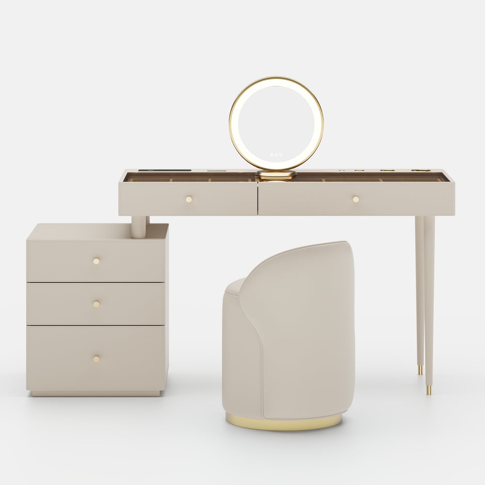 Selva Oatmeal Saddle Leather LED-Makeup Vanity Set with Charing Station and Mirror window image