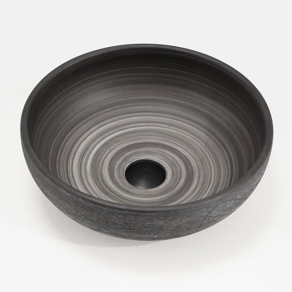 Vasque de salle de bain ronde en céramique grise de 40cm – évier à poser avec glaçure mate image de fenêtre