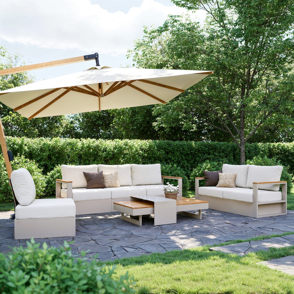 Tevara 6-Person Outdoor Sofa Set with Wood & Aluminium Frame, Sand & Warm White (4-Piece) window image