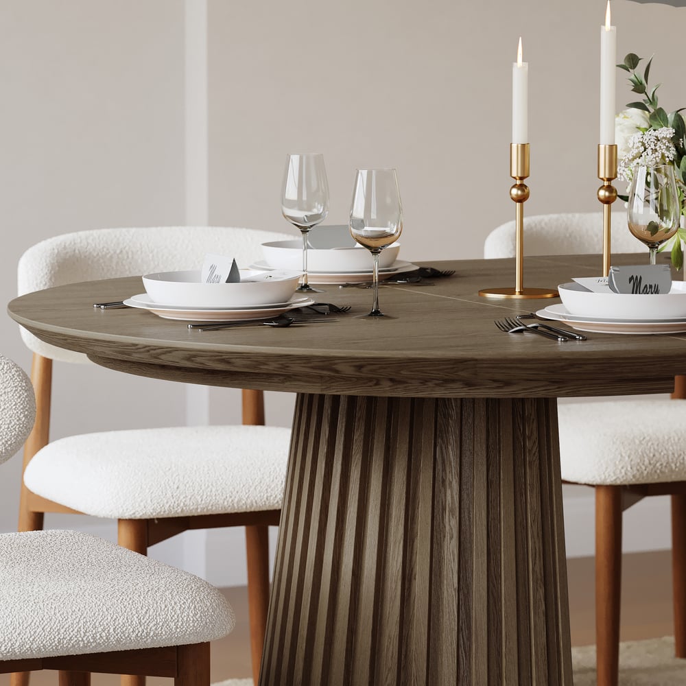 Modern 47"-79" Extendable Smoky Brown Wood Dining Table with Fluted Base, Seats 4-6 window image