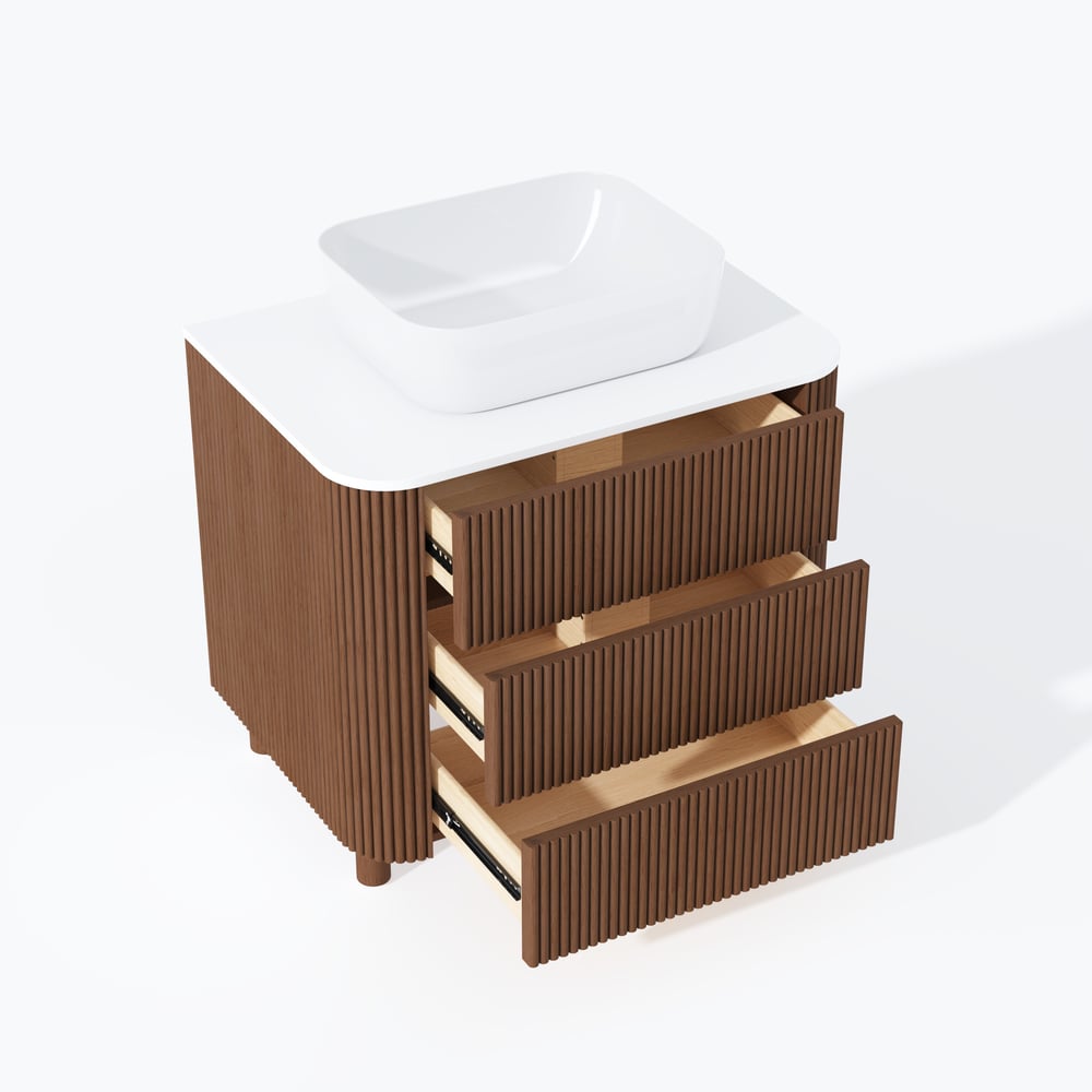 80cm Fluted Freestanding Bathroom Vanity with Vessel Sink, 3-Drawers, Sintered Stone top window image