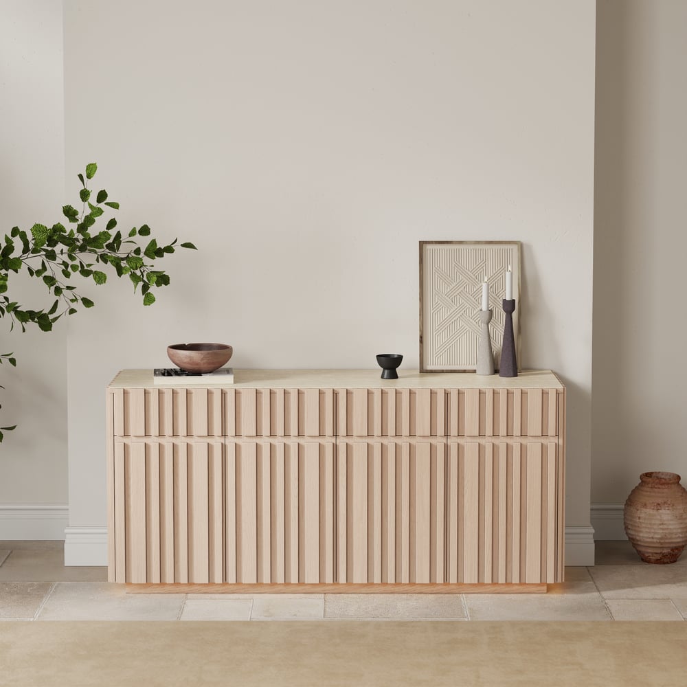 Aura 65" Ash Wood Slatted TV Stand with Sintered Stone Top window image