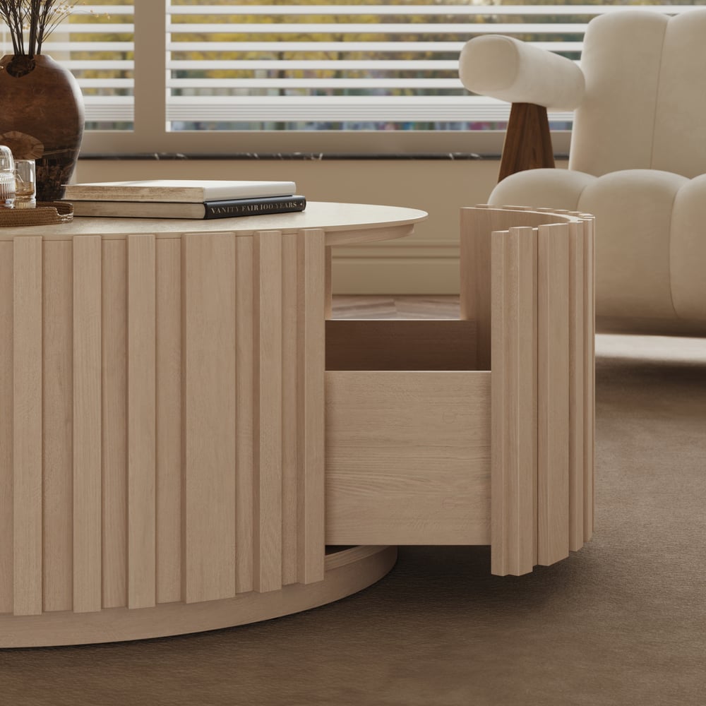 Aura 35" Round Washed White Slatted Sintered Stone Coffee Table with 2 Drawers window image