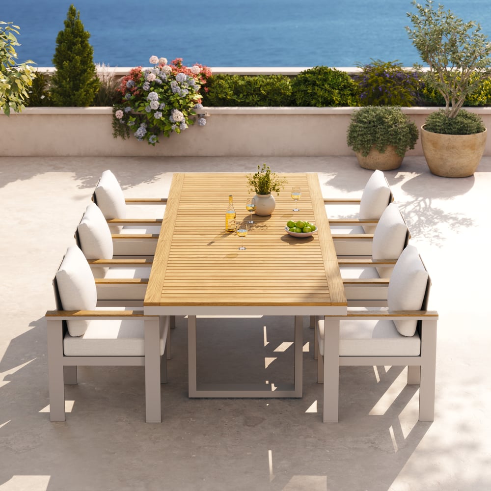 Table de salle à manger extensible d'extérieur Tevara en teck et aluminium image de fenêtre