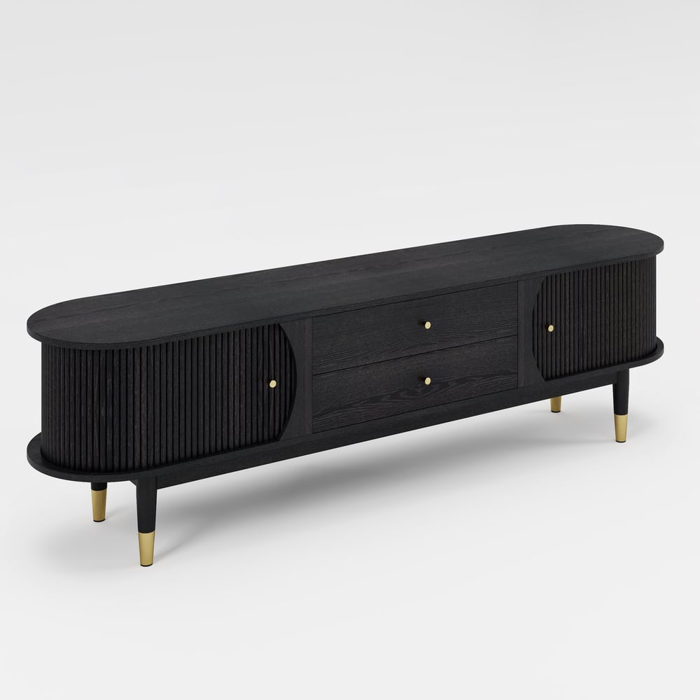 80" Ash Wood Fluted Black TV Stand with Storage window image