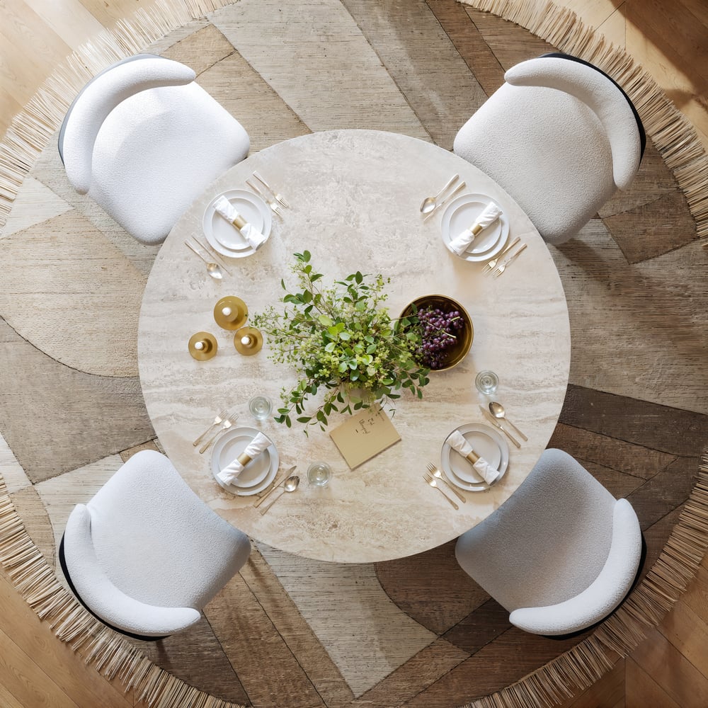 Aura 47" Round Black Faux Travertine Sintered Stone Dining Table, Fluted Base, Seats 4 window image