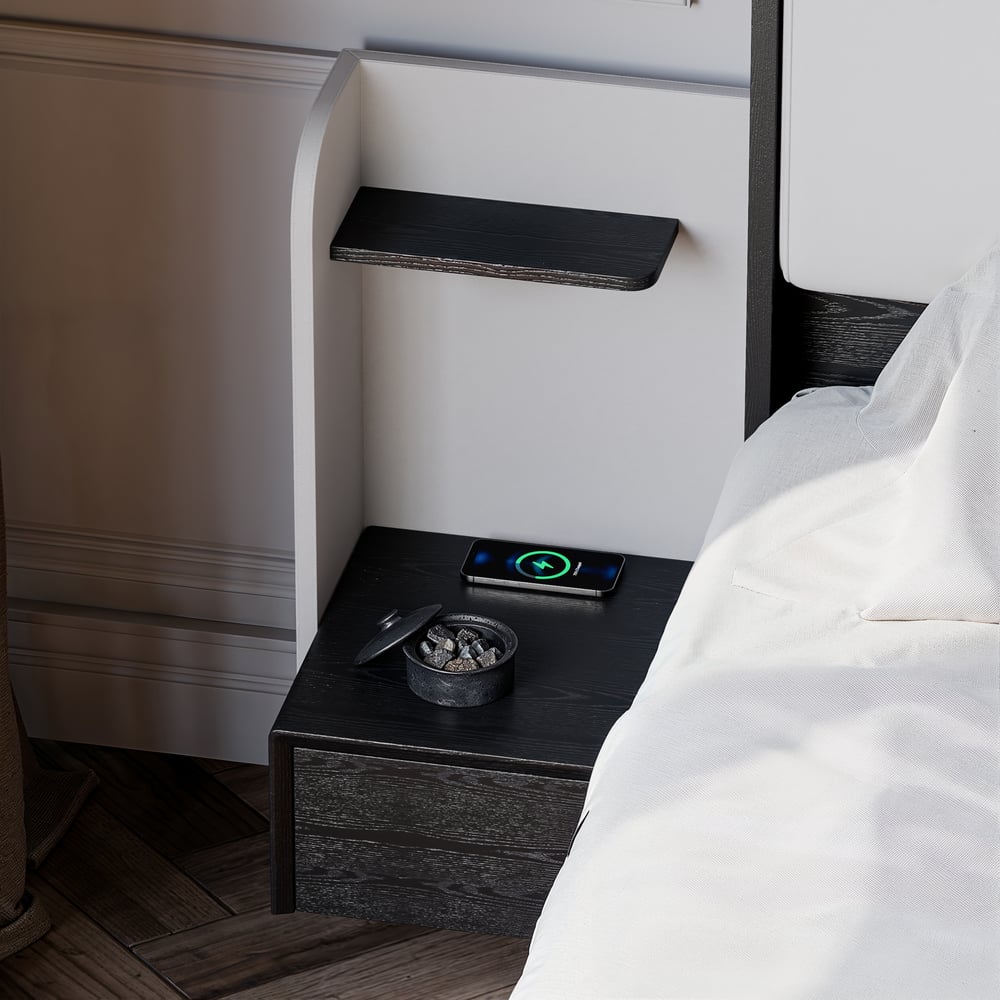 King Solid Wood Bed with Leather Extended Headboard & Floating Smart Nightstand Set window image