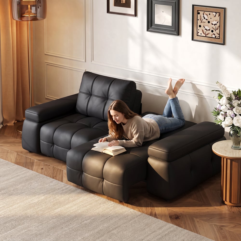 96" 2-Seater Genuine Leather Power Convertible Sleeper Sofa with adjustable armrests window image