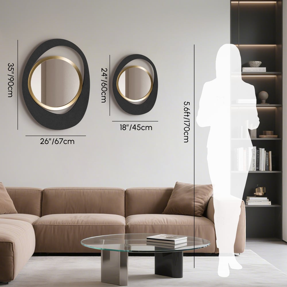 Abstract Wall Mirror, Matte Black and Gold, Horizontal or Vertical weights dimensions image