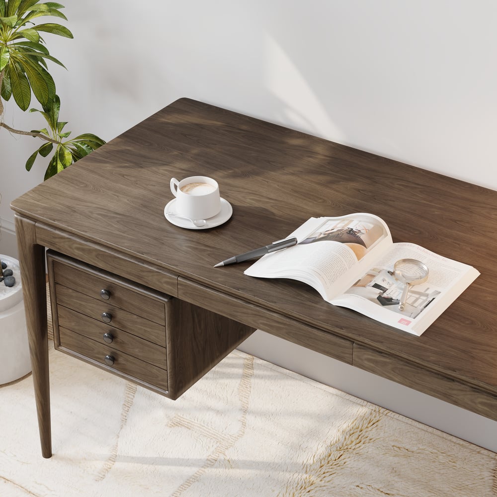 Tanic bureau 140 cm van essenhout, rookbruin, met 3 laden Vensterafbeelding