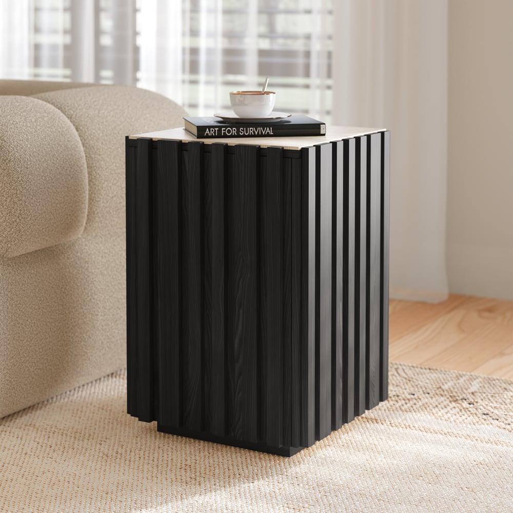 Aura Ash Wood Fluted Black Side Table with Sintered Stone Top window image