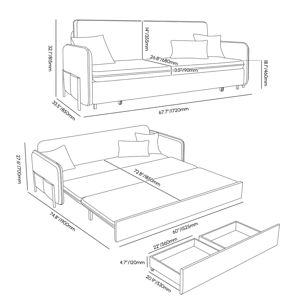 60" Queen 3-Seater Corduroy Convertible Sleeper Sofa weights dimensions image