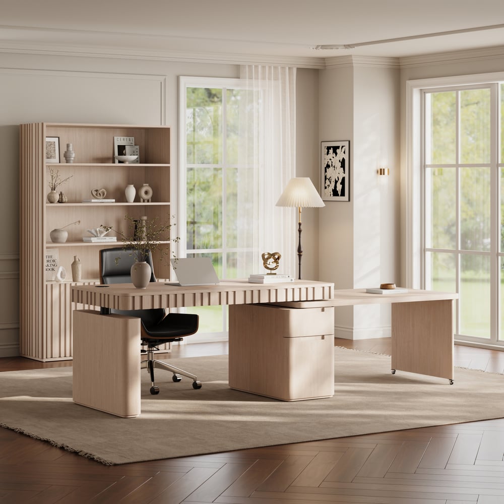 Aura 63" Whitewash Fluted 360-Degree Rotating Desk Electric Adjustable Standing Desk window image