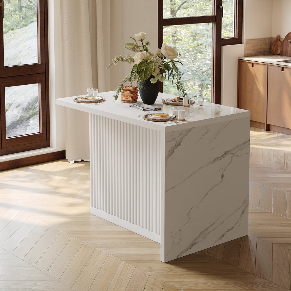 Îlot de cuisine moderne de 50 pouces en placage de marbre avec grand espace de rangement, blanc image de fenêtre