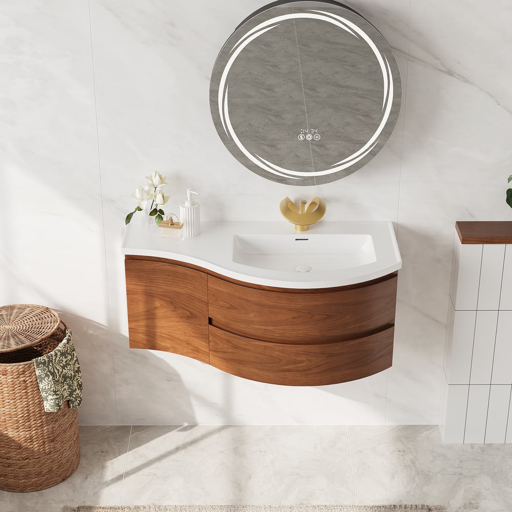 Floating Curved Bathroom Vanity & Round LED Medicine Cabinet Set Right Offset window image