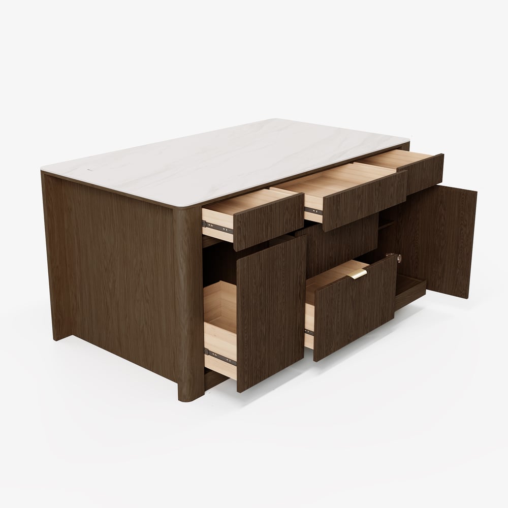 Mid-Century 72" Glossy Sintered Stone Kitchen Island with Storage, Smoky Brown window image