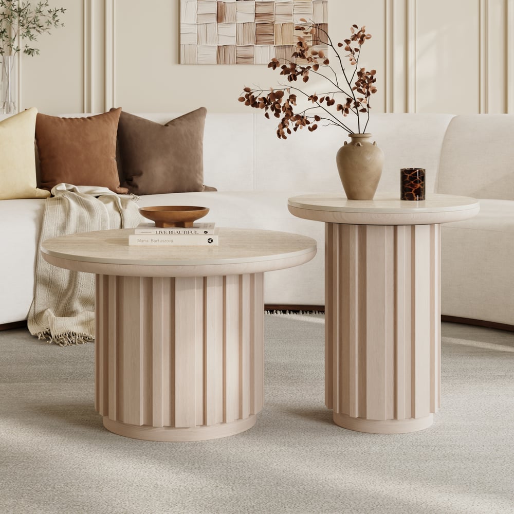 Aura 2 Piece Set Ash Wood Slatted  Round Coffee Table with Sintered Stone Top(20" - 28") window image