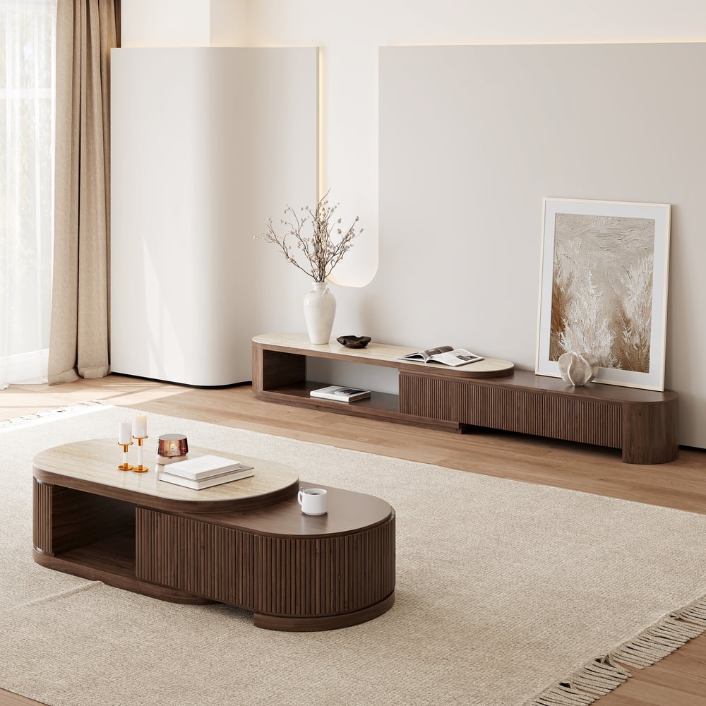 Rack de TV Extensível Velar 71"-114" com Tampo de Pedra Sinterizada e 3 Gavetas Imagem da janela