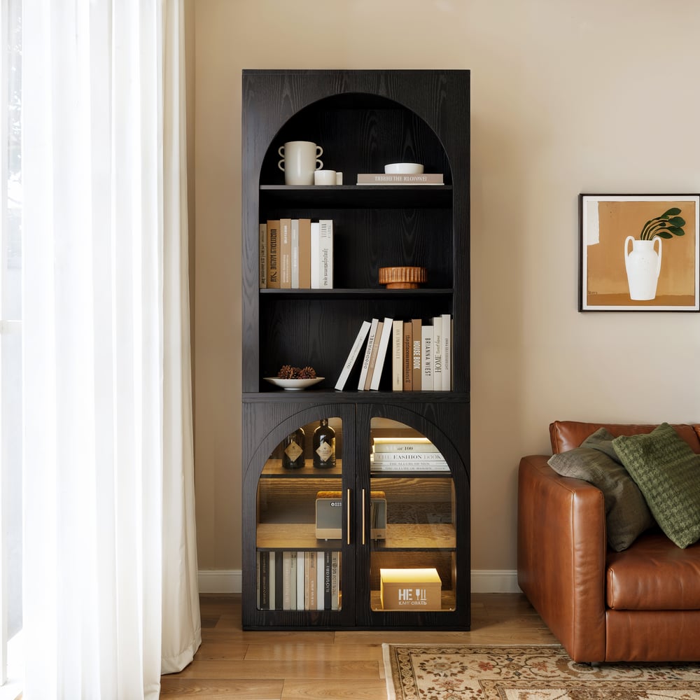Arune Black Chest Bookcase with Storage Cabinet & LED Light window image
