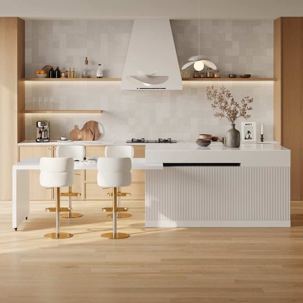 Îlot de cuisine moderne de 81" à 118" en pierre frittée avec tiroirs et portes, blanc image de fenêtre