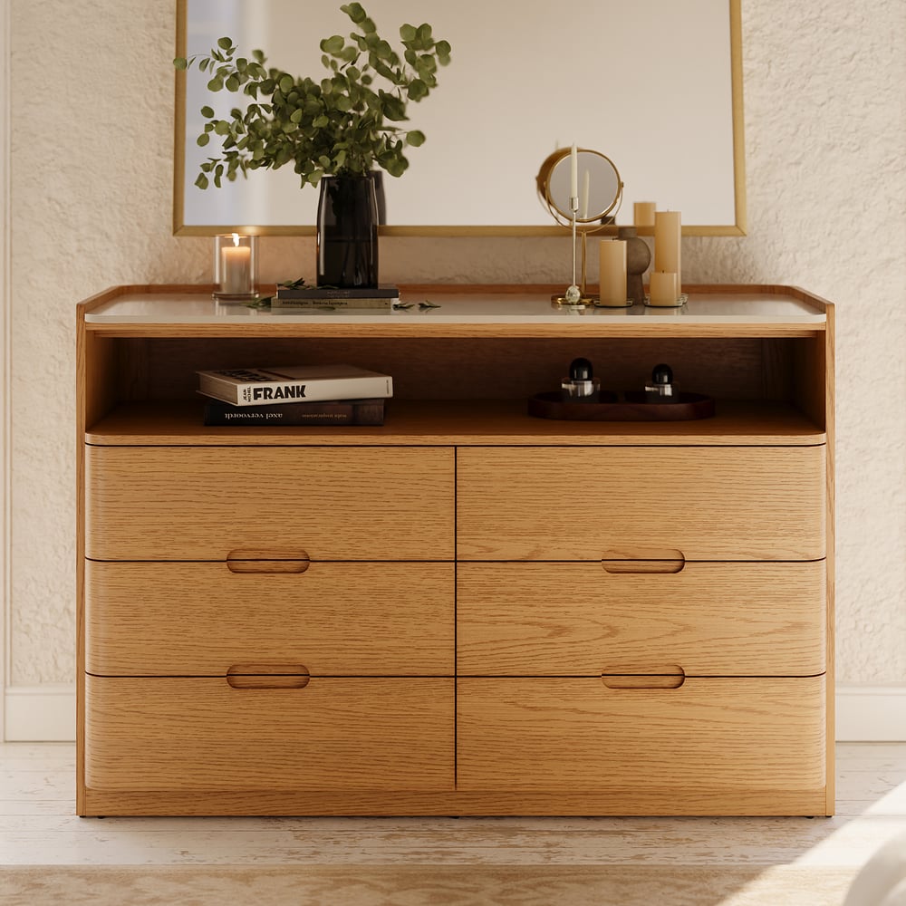 Commode moderne de 47 pouces à 6 tiroirs avec étagère et plateau en pierre frittée image de fenêtre