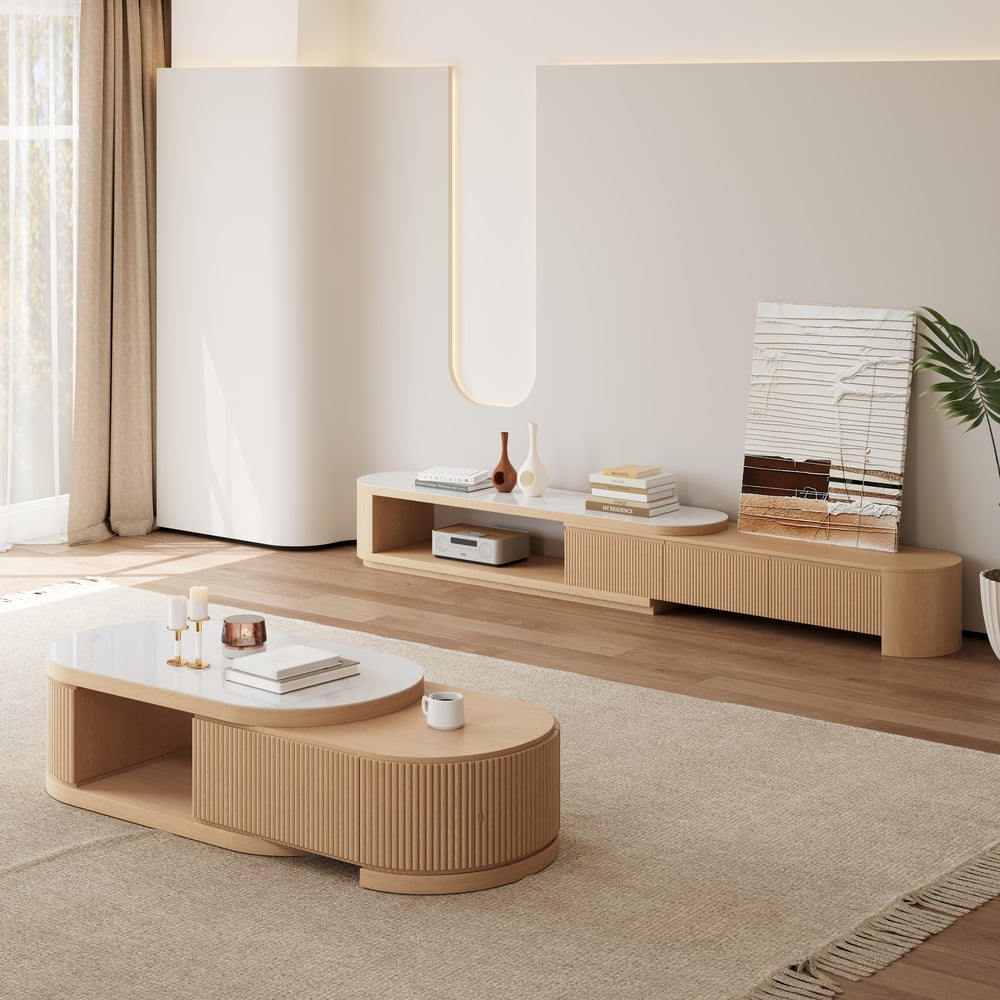 Velar 71"-114" Extendable Fluted TV Stand with Sintered Stone Top & 3 Drawers window image