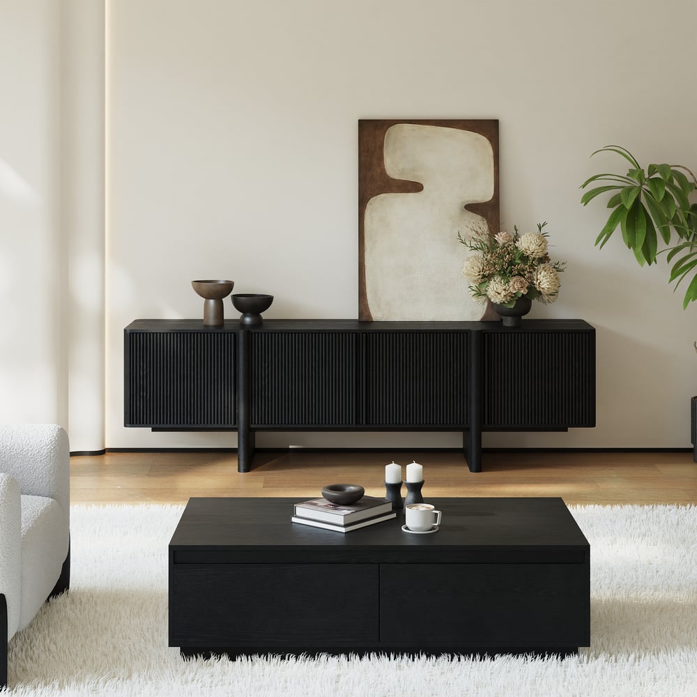 80" Solid Wood Fluted Black TV Stand with Cabinets window image