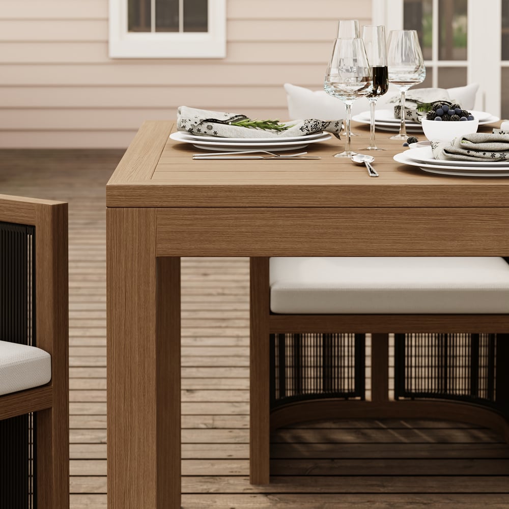 Table à manger d'extérieur à lattes en aluminium finition noyer Wevara 86.6" image de fenêtre