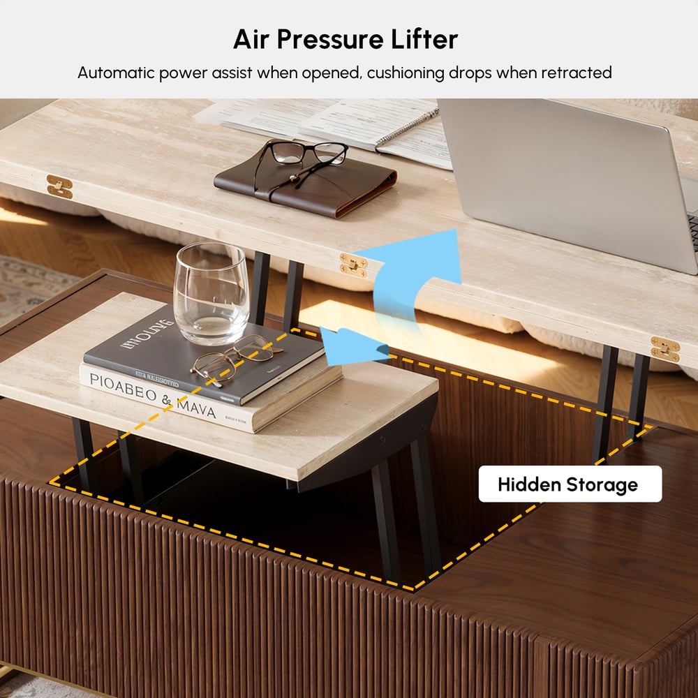 Table basse relevable Grovyn de 47,2" avec finition cannelée et 2 tiroirs image de fenêtre
