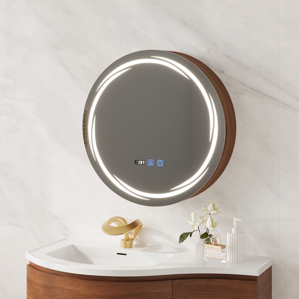 24" Round LED Walnut Medicine Cabinet with Storage, Anti-Fog, Dimmable window image