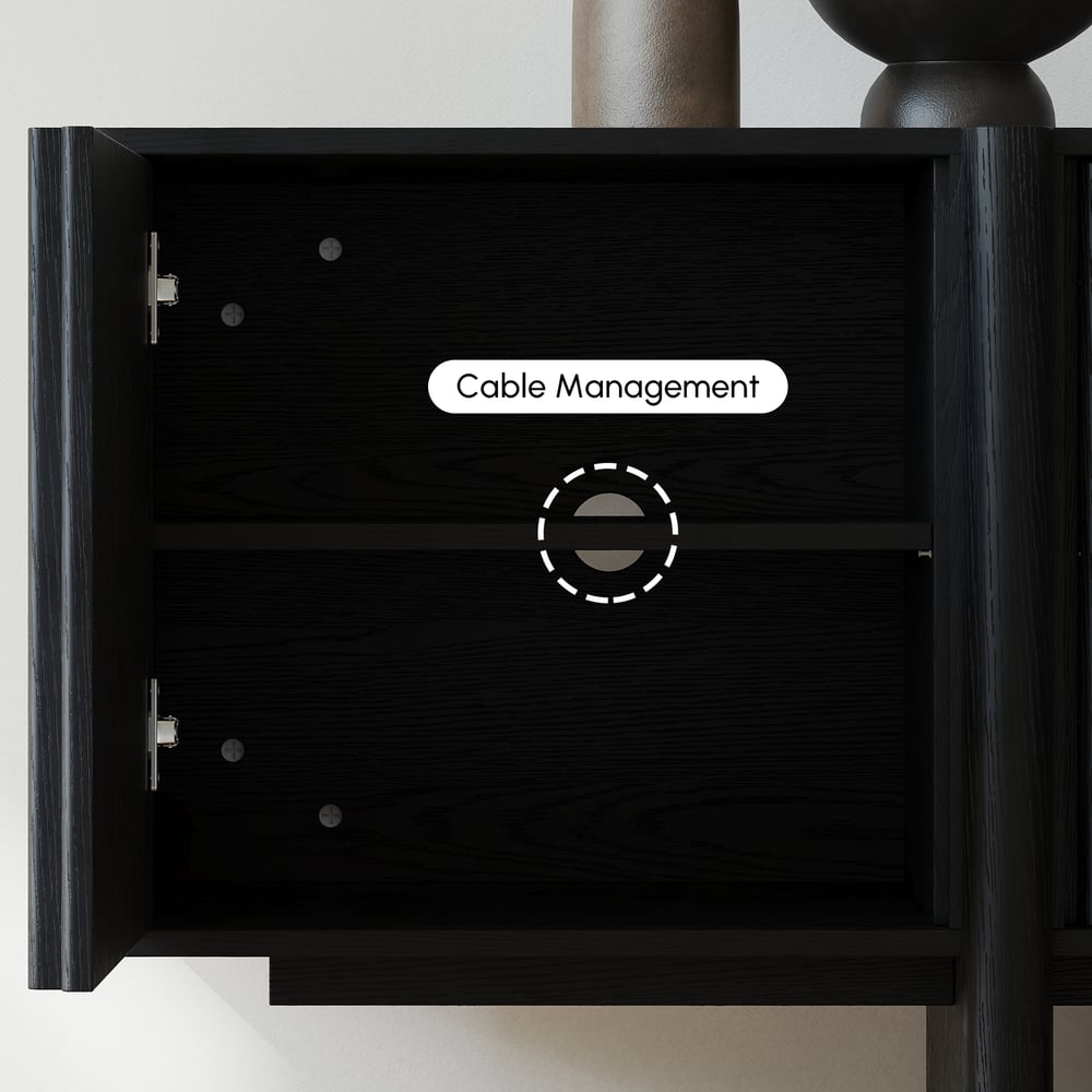 80" Solid Wood Fluted Black TV Stand with Cabinets window image