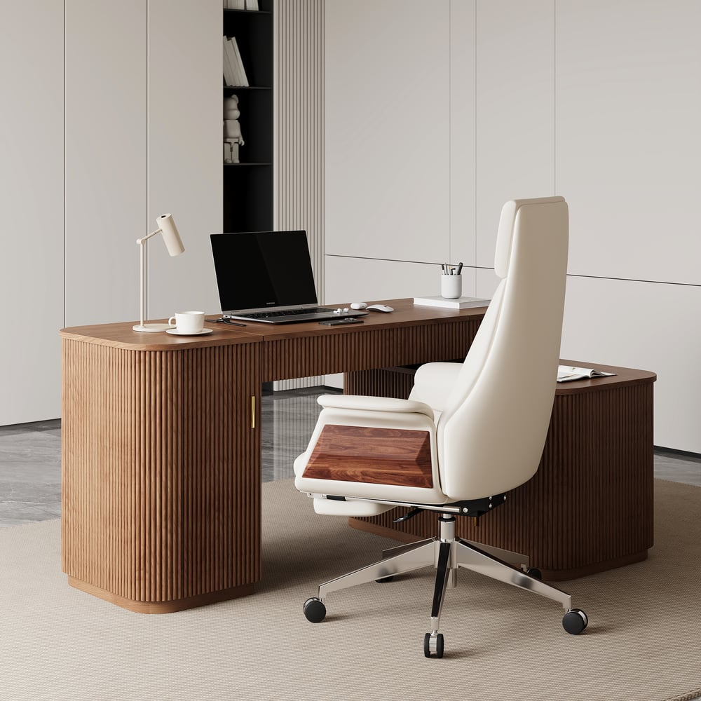 Modern 60" L-Shape Walnut Executive Desk with Drawers & Cabinet Right Hand window image