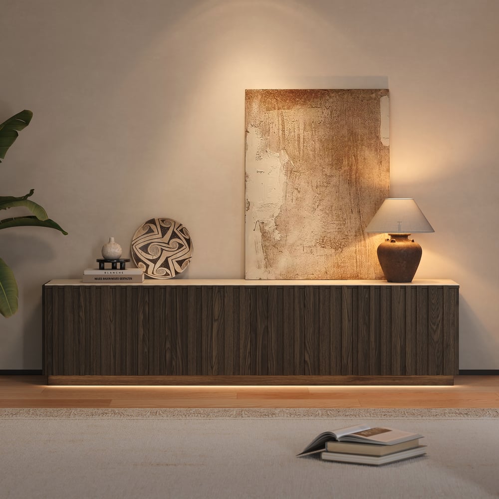 Aura 83" Ash Wood Fluted Smoked Brown TV Stand with Sintered Stone Top window image