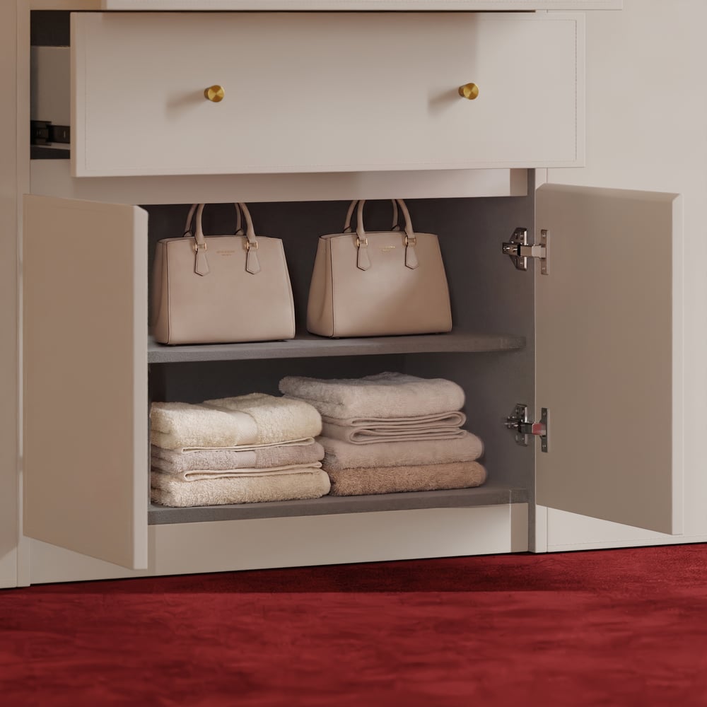 Selvo Saddle Leather Glass Top Closet Island with Storage, Light and Jewelry Display window image