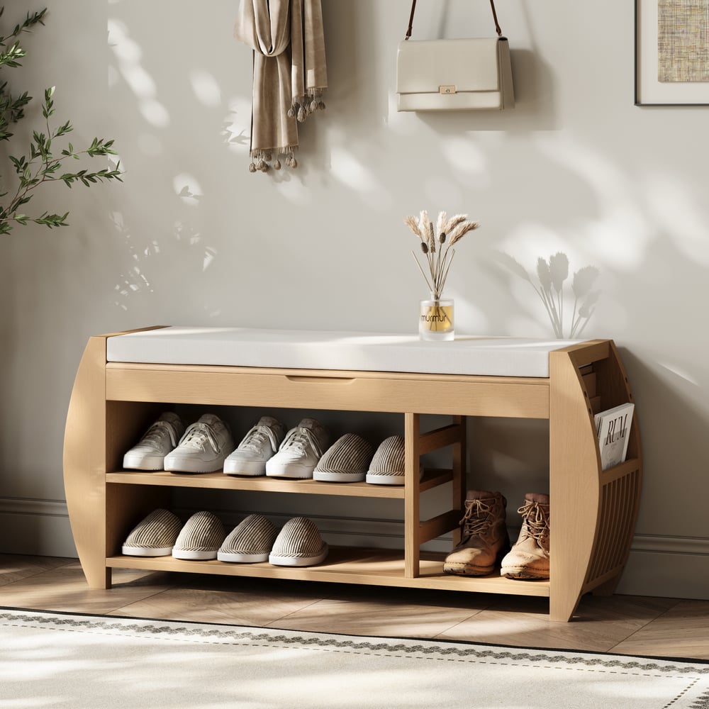 Banc d'entrée en bois massif naturel de 40 pouces avec rangement pour chaussures et étagère à chaussures image de fenêtre