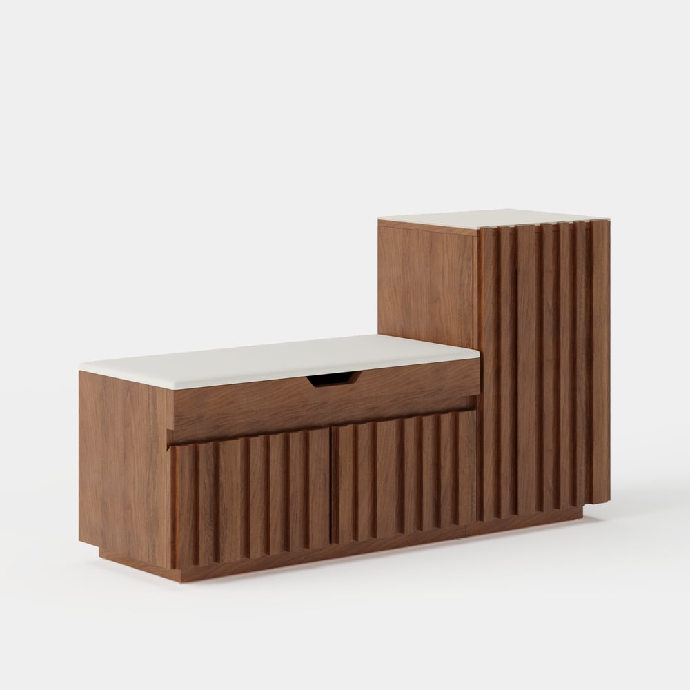 Banc de rangement à chaussures Aura 47" en bois de noyer avec armoire sur le côté droit pour entrée image de fenêtre