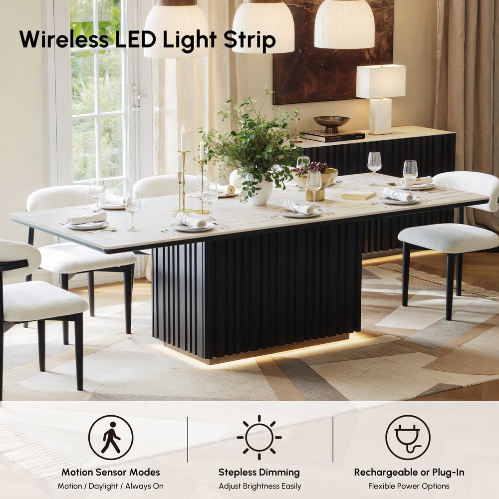 Aura 84" Rectangular Black Faux Travertine Sintered Stone Dining Table, Fluted Base, Seats 8 window image