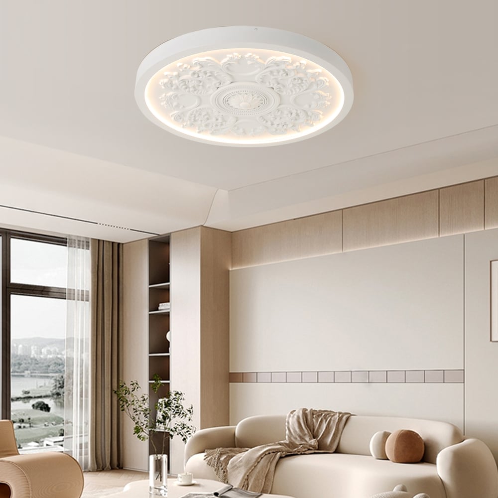 French Elegant White Resin 3D Carved LED 3-Mode Dimmable Flush Mount Ceiling Light window image
