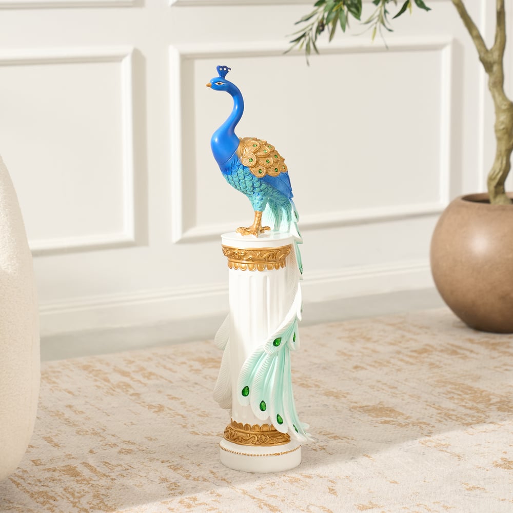 Estátua de Pavão de Resina de Luxo de 27" com Acentos de Cristal – Escultura Elegante para Decoração de Casa Imagem da janela