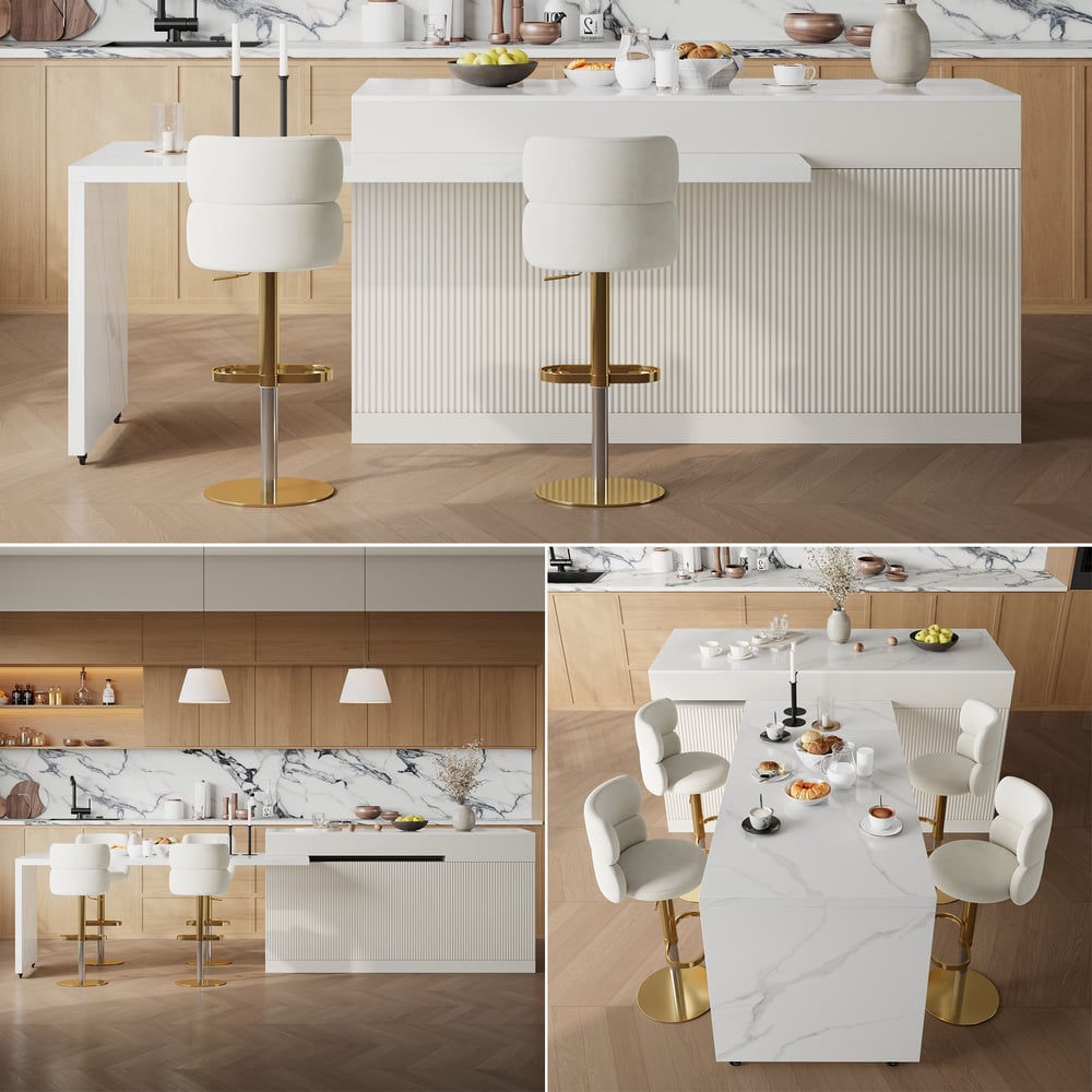 Modern 81"-106" Sintered Stone Kitchen Island with Drawers & Doors, White window image