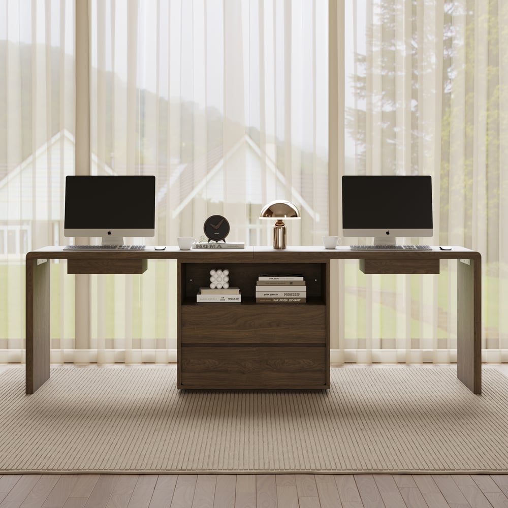 Modern 94" Rectangular Smoked Brown Double Desk with Drawers, Seats 2 window image